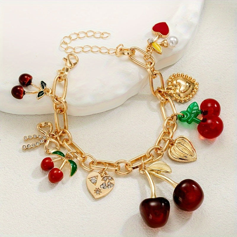 Women's Cherry Bracelet - Red & Golden-Tone Charms, Everyday & Formal Jewelry Gift for Birthdays, Anniversaries, Valentine's Day - Cute Cherry Jewelry for Women s, Cute Jewelry, Playful Design, Delicate Clasp