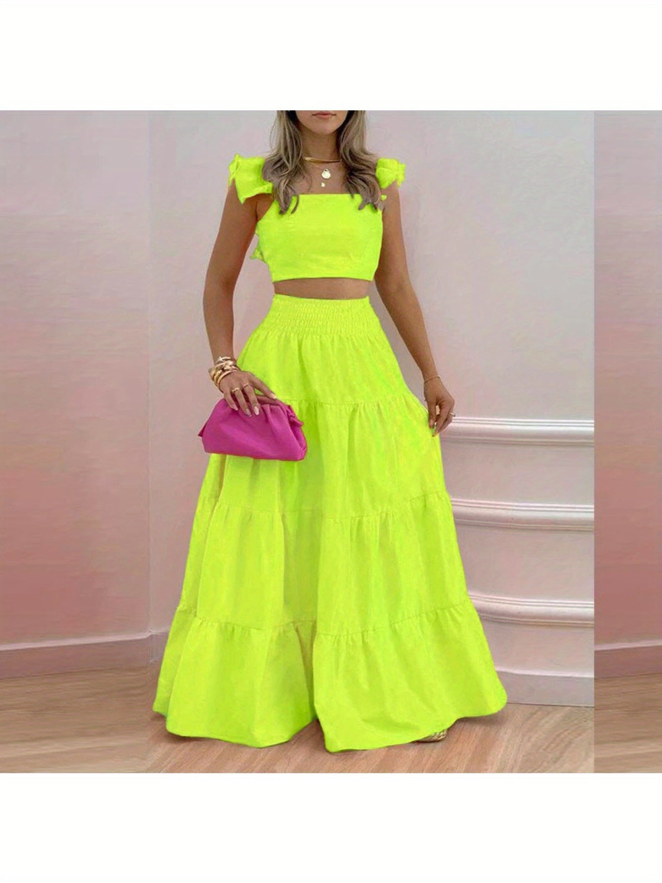 2025 Spring New European and American Commuting Mid-Waist Sexy Suspenders Large Swing Skirt Fashion Suit Women's Two-Piece Set