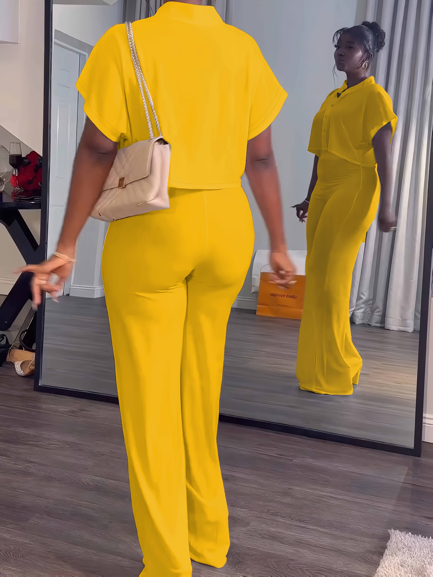 [Summer|Casual] 2pcs Women's Summer Casual | Short Sleeve Button Crop Top Wide Leg Long Pant Lounge Sets