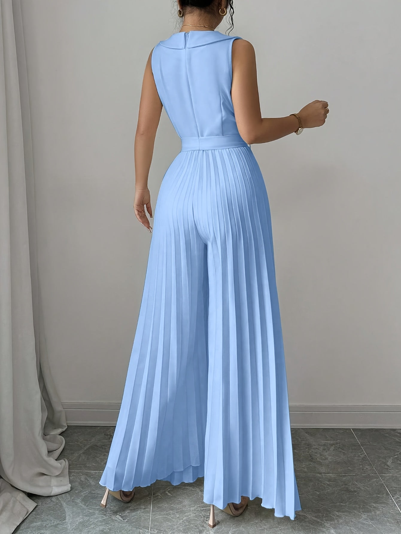 [Elegant Jumpsuit] Sleeveless Elegant Apricot Double-Breasted Pleated Jumpsuit for Women | High-Waisted, Polyester Blend, Perfect for Spring & Fall, Adult Size