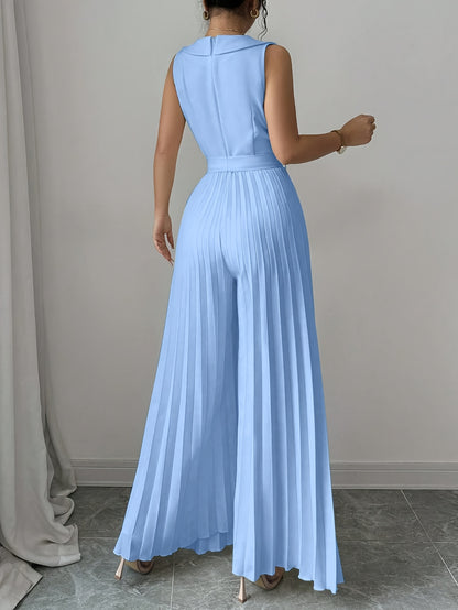[Elegant Jumpsuit] Sleeveless Elegant Apricot Double-Breasted Pleated Jumpsuit for Women | High-Waisted, Polyester Blend, Perfect for Spring & Fall, Adult Size