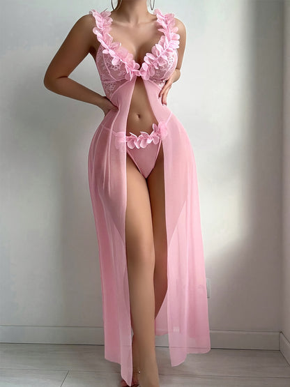 2 Sets Of Europe And The United States Sexy Love Interest Pajamas Female Temptation Open Fork See-through Halter Dress Long Skirt Thong Pants Two Sets to Send A Lover Gift Lover