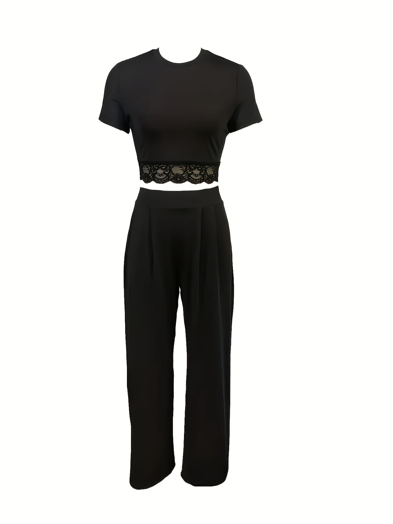 Bohemian Women'S Two-Piece Set: Solid Color Short Sleeve T-Shirt and High-Waisted Wide Leg Pants, Elegant Long Sleeve Round Neck Crop Top and Loose Wide Leg Pants for Spring/Summer, Women'S Clothing