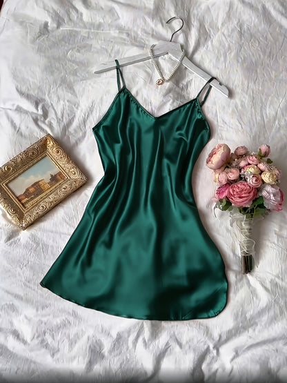3pcs Comfortable Solid Color Satin Sleeping Skirt Non Elastic Soft Fabric Sexy V-neck Strap Skirt Home Sleeping Skirt