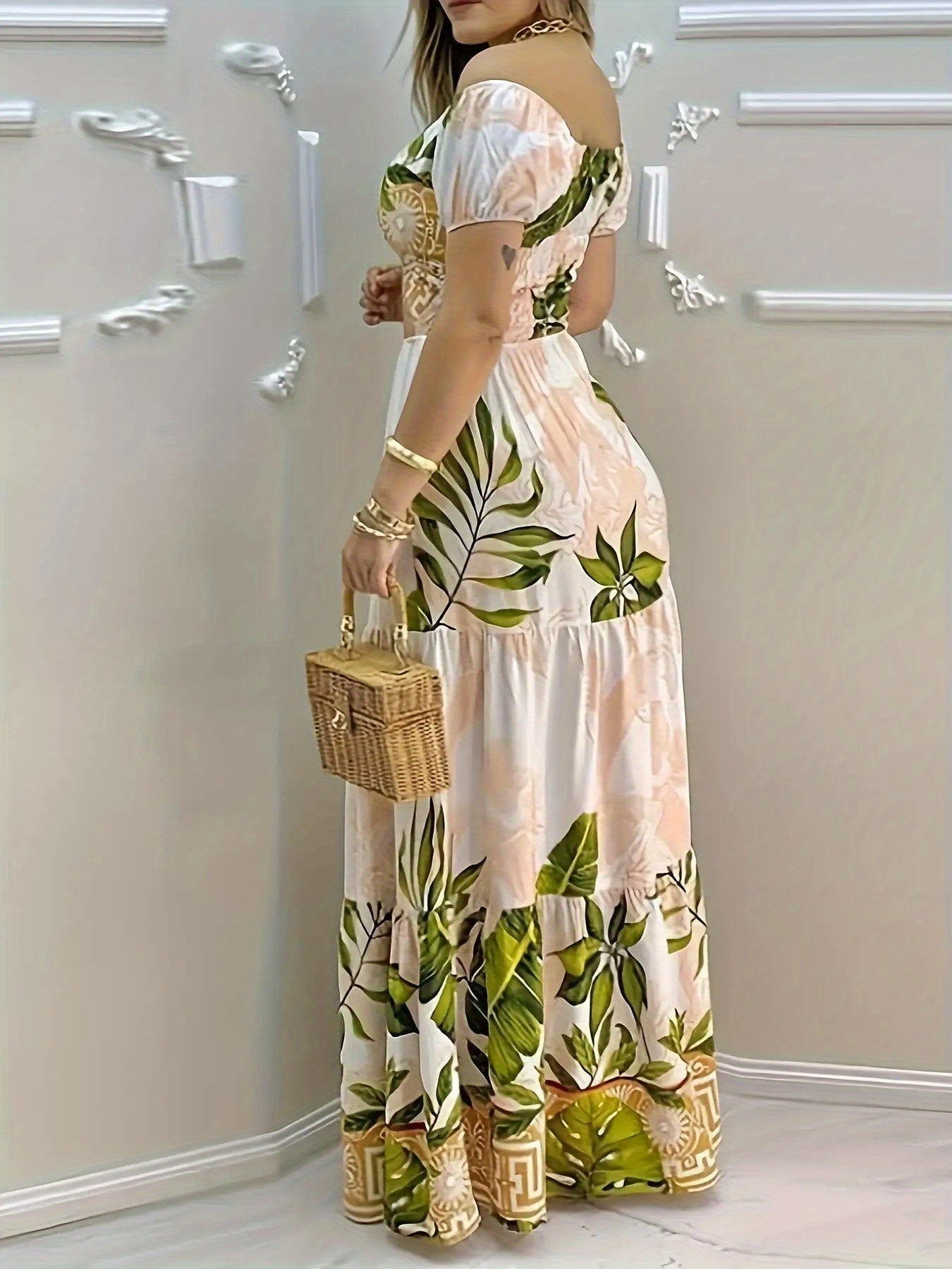 Women'S Sexy Off-Shoulder Party dress - Floral print in Beige/White/ Green/, A-Line Formal & casual event gown for Beach, Nightclub, Everyday Outfits - Elegant Evening Dress, Beach Dresses, Nightclub Attire, Crossback Straps,