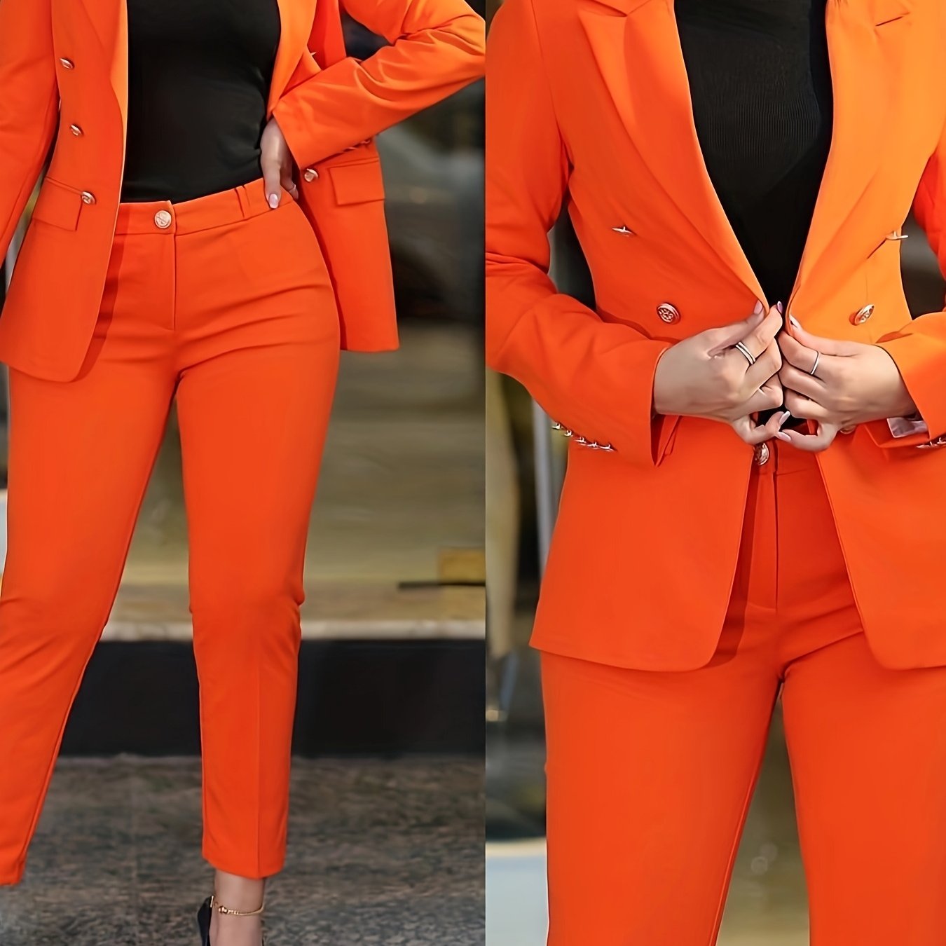 2025 New Women'S Casual Fashion Business Suit, Solid Color, V-Neck, Double-Breasted, Long Sleeve, Regular Length, with Button Details, for Adult, All-Season