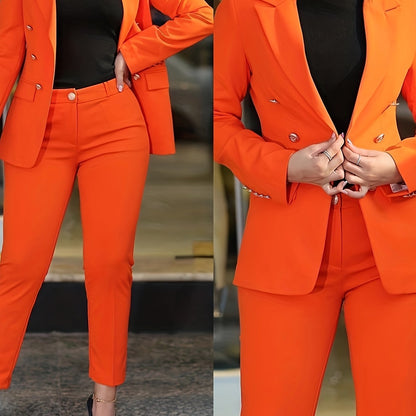 2025 New Women'S Casual Fashion Business Suit, Solid Color, V-Neck, Double-Breasted, Long Sleeve, Regular Length, with Button Details, for Adult, All-Season