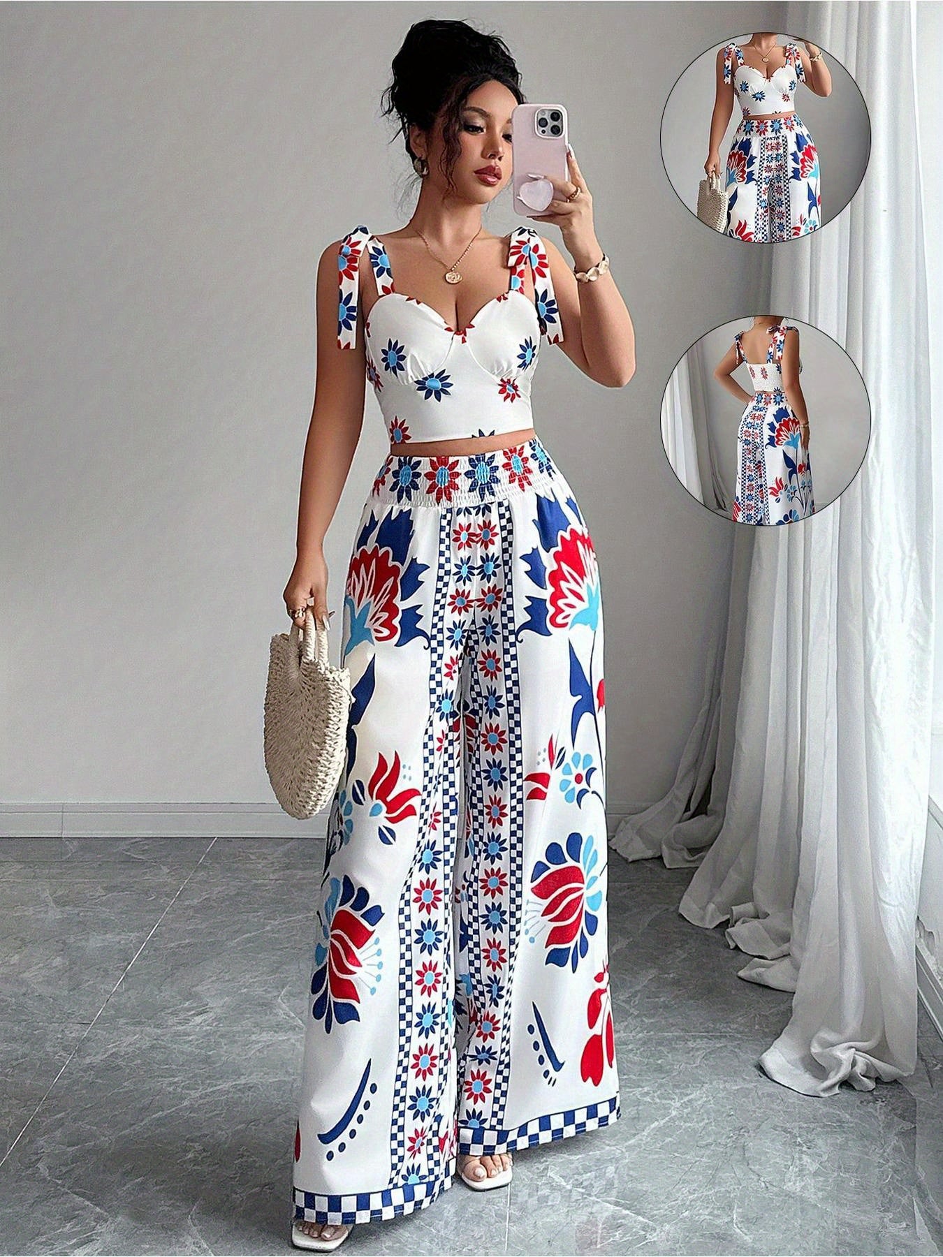 Women'S Elegant Geometric Print Wide-Leg Pantsuit - Sleeveless, Polyester, All-Season, Casual to Formal Attire, Casual Attire|Geometric Print Pantsuit|Polyester Fabric