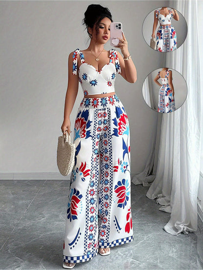 Women'S Elegant Geometric Print Wide-Leg Pantsuit - Sleeveless, Polyester, All-Season, Casual to Formal Attire, Casual Attire|Geometric Print Pantsuit|Polyester Fabric