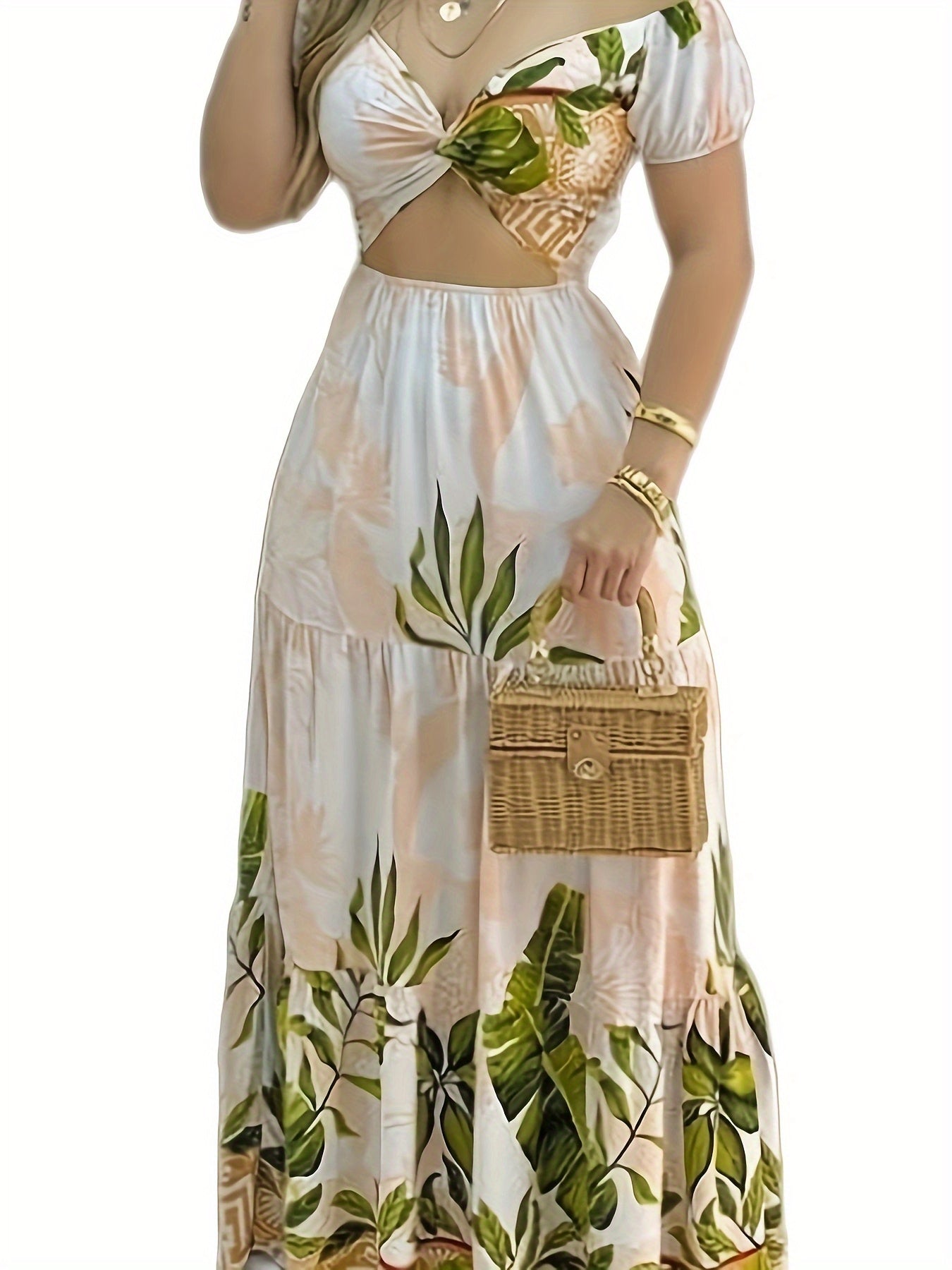Women'S Sexy Off-Shoulder Party dress - Floral print in Beige/White/ Green/, A-Line Formal & casual event gown for Beach, Nightclub, Everyday Outfits - Elegant Evening Dress, Beach Dresses, Nightclub Attire, Crossback Straps,