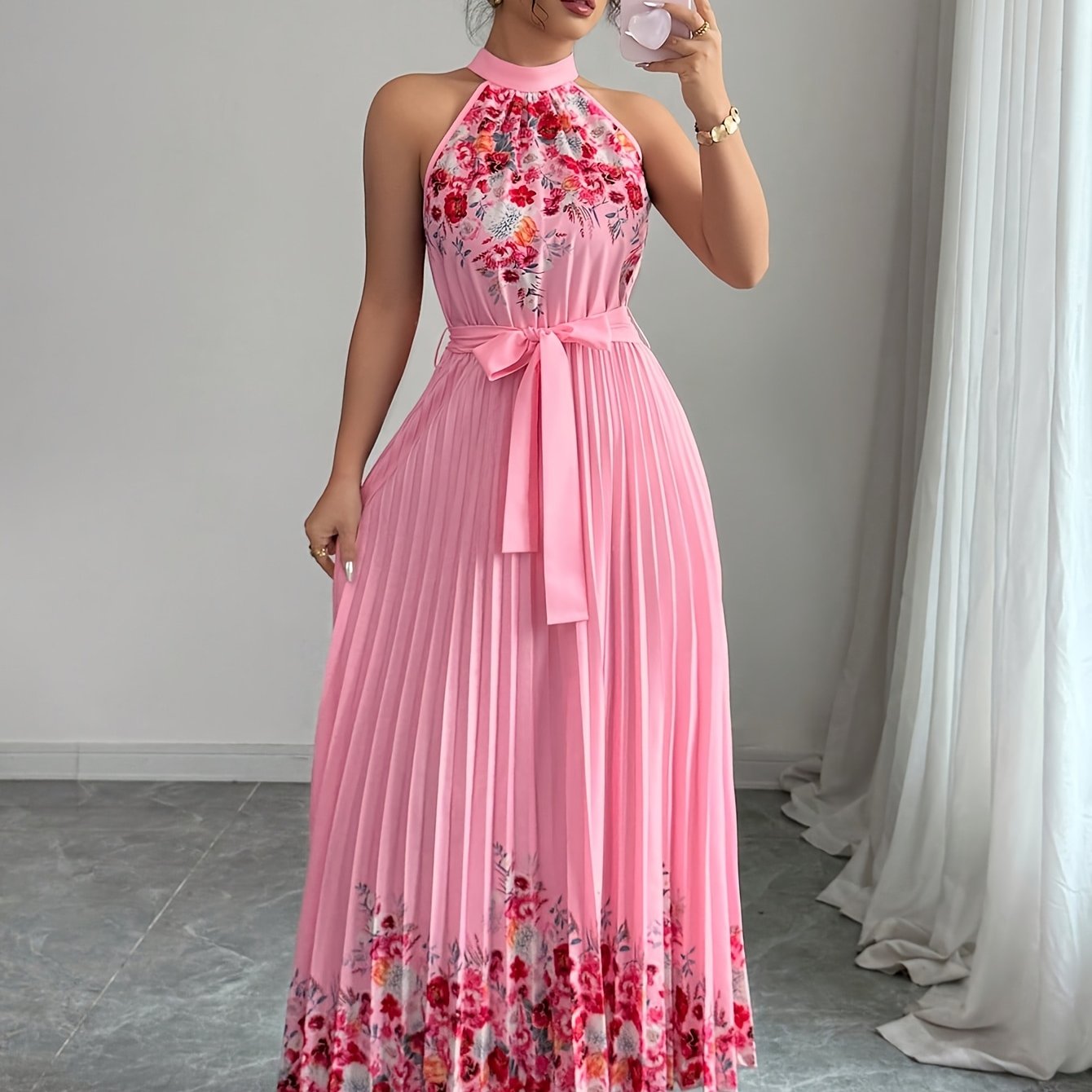 [Elegant Floral Print Dress] Women's Elegant Floral Print Sleeveless A-Line Dress - Vibrant Pink Round Neck Machine-Washable Spring/Summer Casual & Formal Wear, Floral Print Dress, No Stretch Fabric