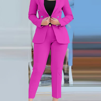 2025 New Women'S Casual Fashion Business Suit, Solid Color, V-Neck, Double-Breasted, Long Sleeve, Regular Length, with Button Details, for Adult, All-Season