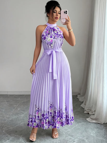 [Elegant Floral Print Dress] Women's Elegant Floral Print Sleeveless A-Line Dress - Vibrant Pink Round Neck Machine-Washable Spring/Summer Casual & Formal Wear, Floral Print Dress, No Stretch Fabric