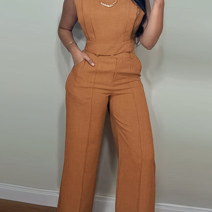 [Casual Top Set] 2pcs Crop Top And Straight Pants Set | Round Neck Cap Sleeve Casual Pocket Design
