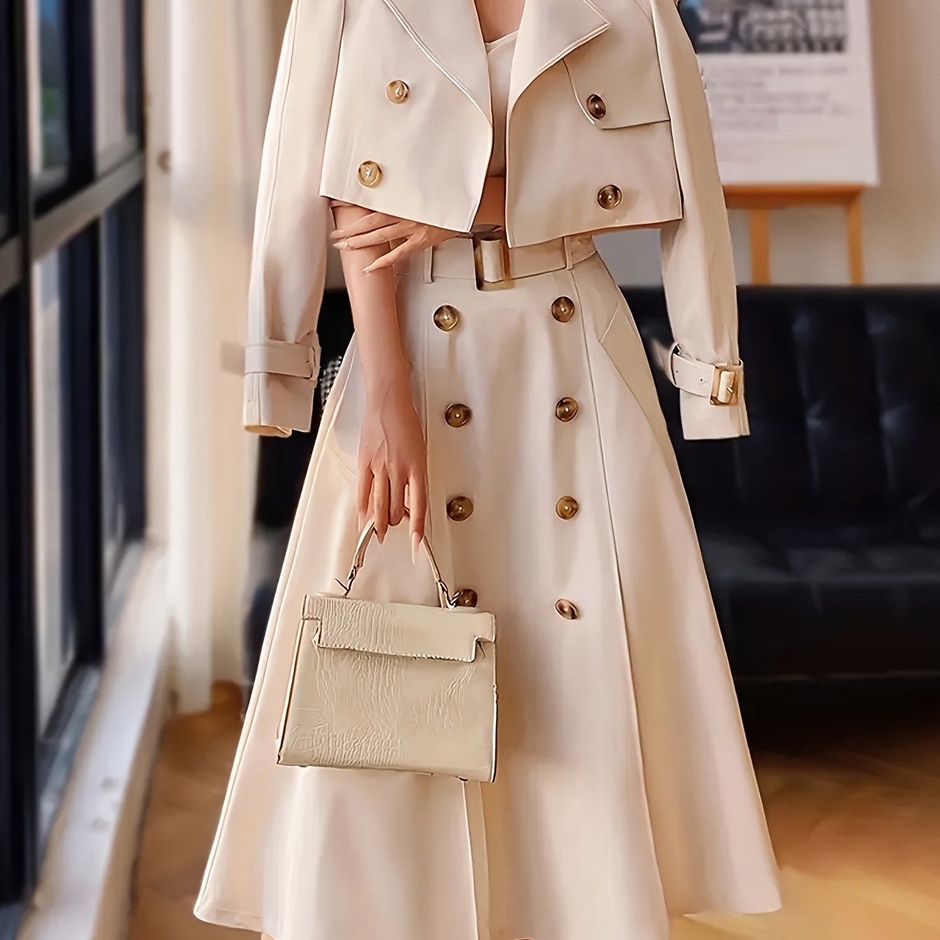 2025 New Arrivals In Elegant Style: Stylish Set Of Short Windbreaker Coat + High-waist Double-breasted Skirt, Perfect for Office Commuting.