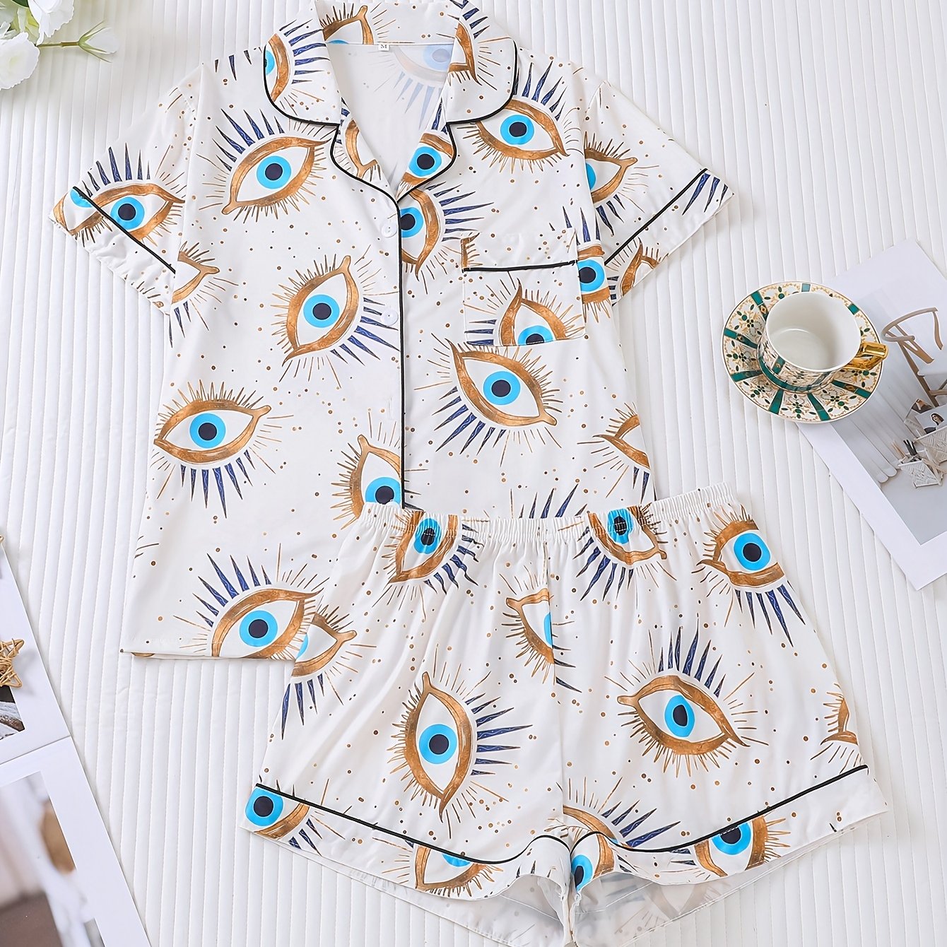 Two Piece Women's Elegant Polyester White Pajama Set with Eye Print, Fabric, All Season Comfort, Short Sleeve Button Top with Collar And Matching Shorts, with All Over Print And Pocket Details, Perfect for Adults Pajama Set