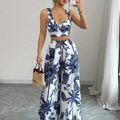 Digital Printing Random Printing Vest Wide Leg Pants Two-Piece Set