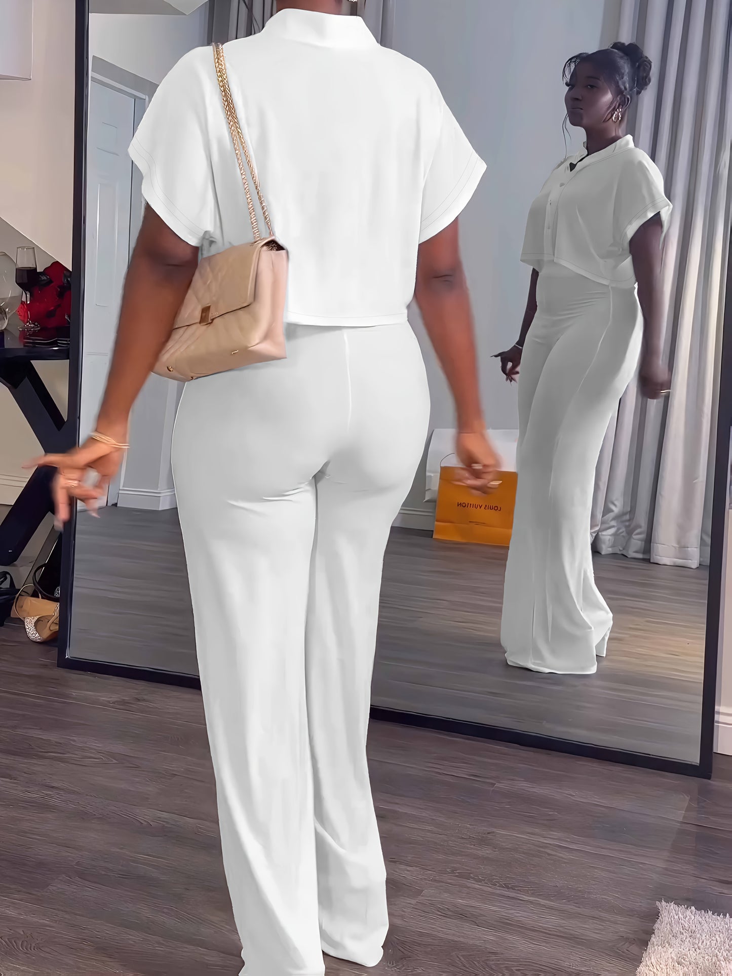 [Summer|Casual] 2pcs Women's Summer Casual | Short Sleeve Button Crop Top Wide Leg Long Pant Lounge Sets