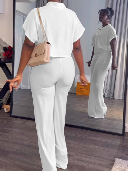 [Summer|Casual] 2pcs Women's Summer Casual | Short Sleeve Button Crop Top Wide Leg Long Pant Lounge Sets