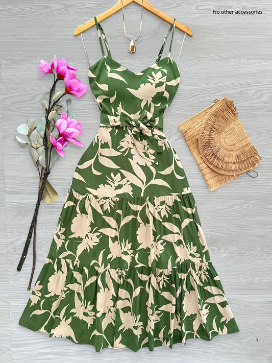 [Floral Maxi Dress] Lightweight Polyester Elegant Green & White Floral Print Sleeveless Maxi Dress with Tie Waist | Ruffled Hem, Perfect for Spring/Summer, Adult Women's Fashion