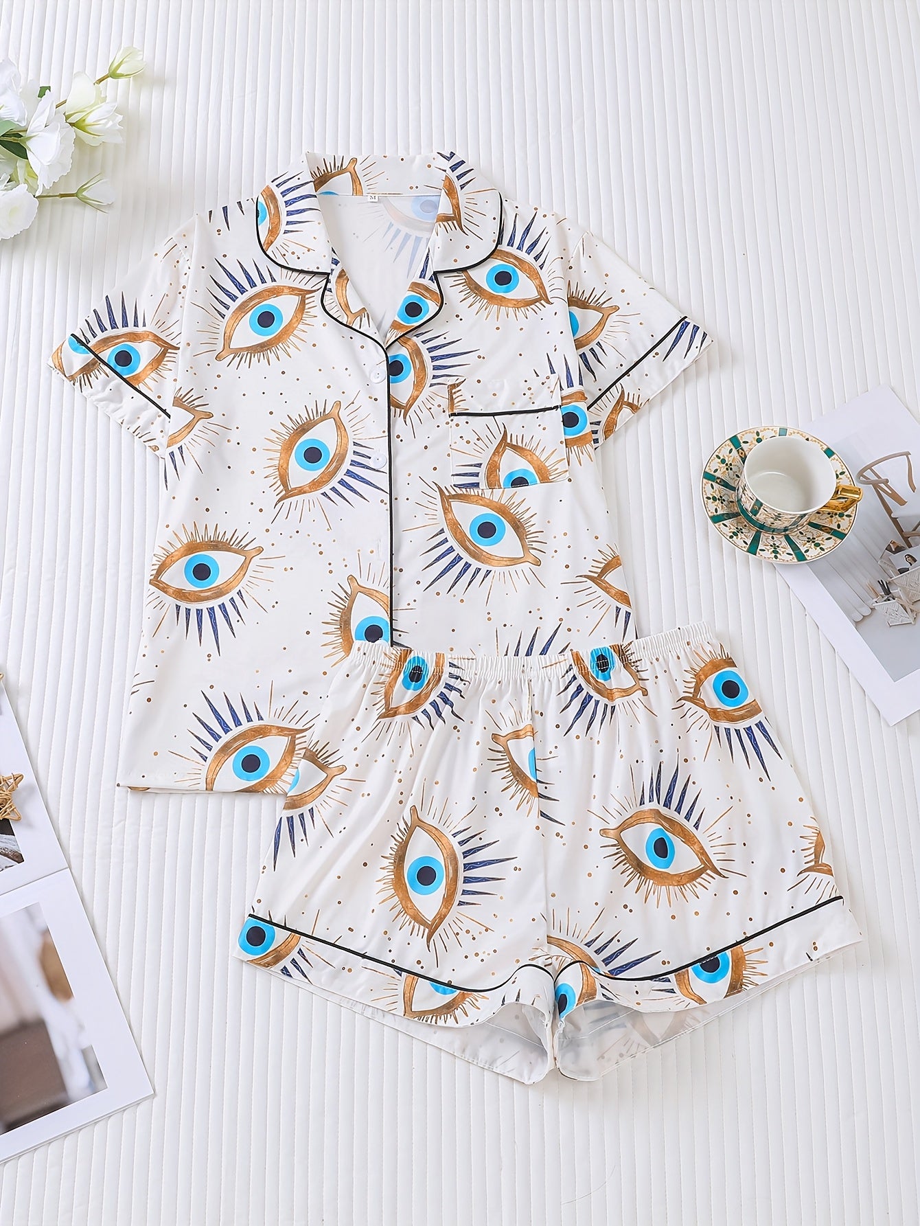 Two Piece Women's Elegant Polyester White Pajama Set with Eye Print, Fabric, All Season Comfort, Short Sleeve Button Top with Collar And Matching Shorts, with All Over Print And Pocket Details, Perfect for Adults Pajama Set