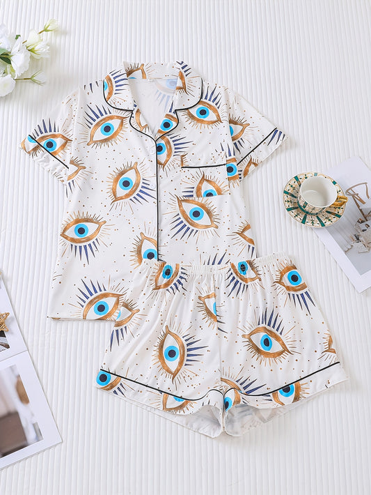 Two Piece Women's Elegant Polyester White Pajama Set with Eye Print, Fabric, All Season Comfort, Short Sleeve Button Top with Collar And Matching Shorts, with All Over Print And Pocket Details, Perfect for Adults Pajama Set