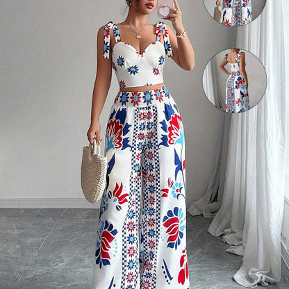 Women'S Elegant Geometric Print Wide-Leg Pantsuit - Sleeveless, Polyester, All-Season, Casual to Formal Attire, Casual Attire|Geometric Print Pantsuit|Polyester Fabric