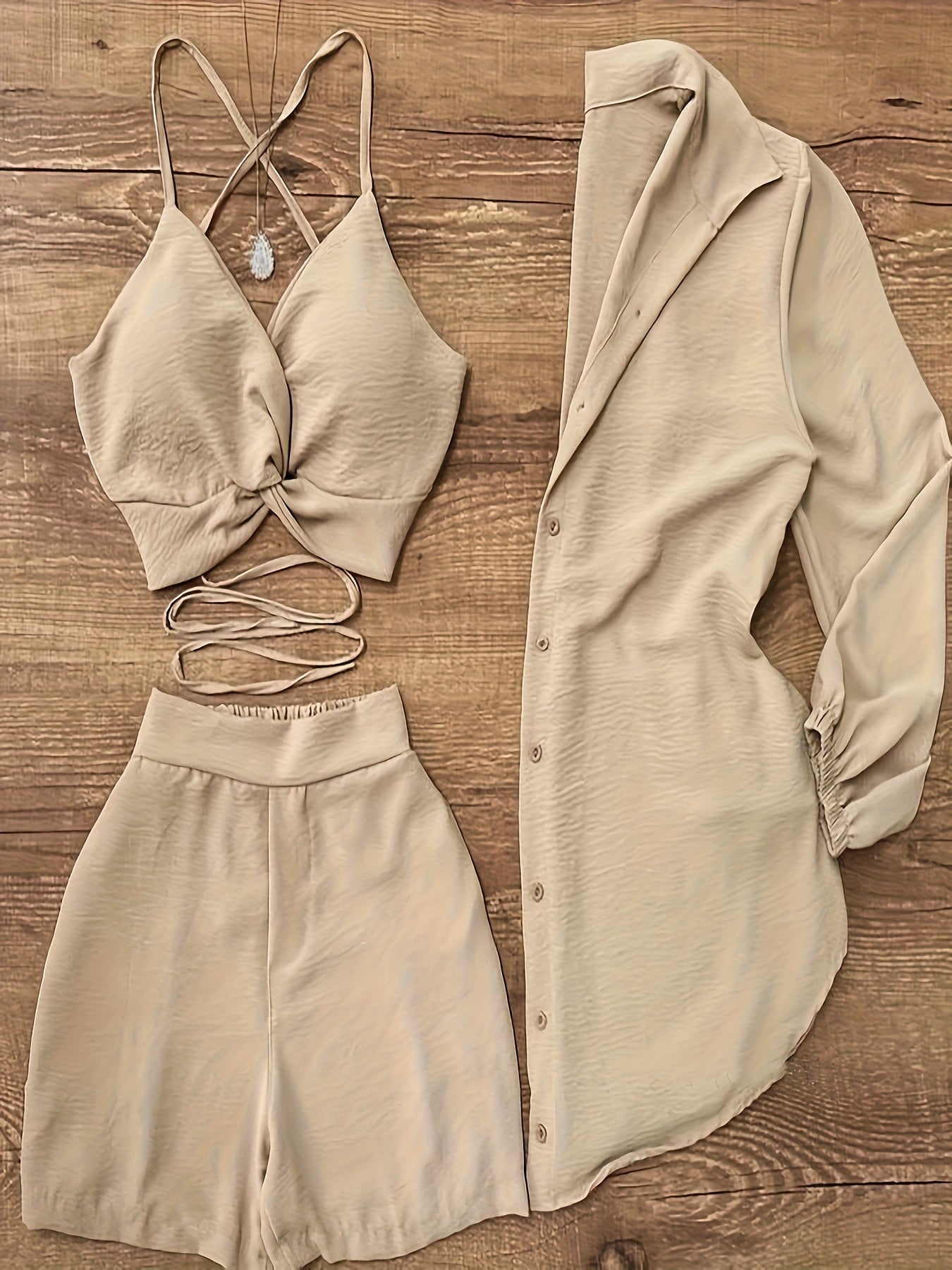 The 'Khaki Style' Set Includes a Cross-Strap Tank Top, Loose Shorts, And a Long-Sleeve Shirt, Unlocking a New Trend for Vacation Leisure.