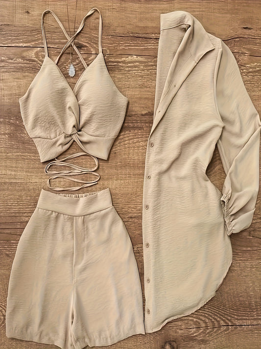 The 'Khaki Style' Set Includes a Cross-Strap Tank Top, Loose Shorts, And a Long-Sleeve Shirt, Unlocking a New Trend for Vacation Leisure.