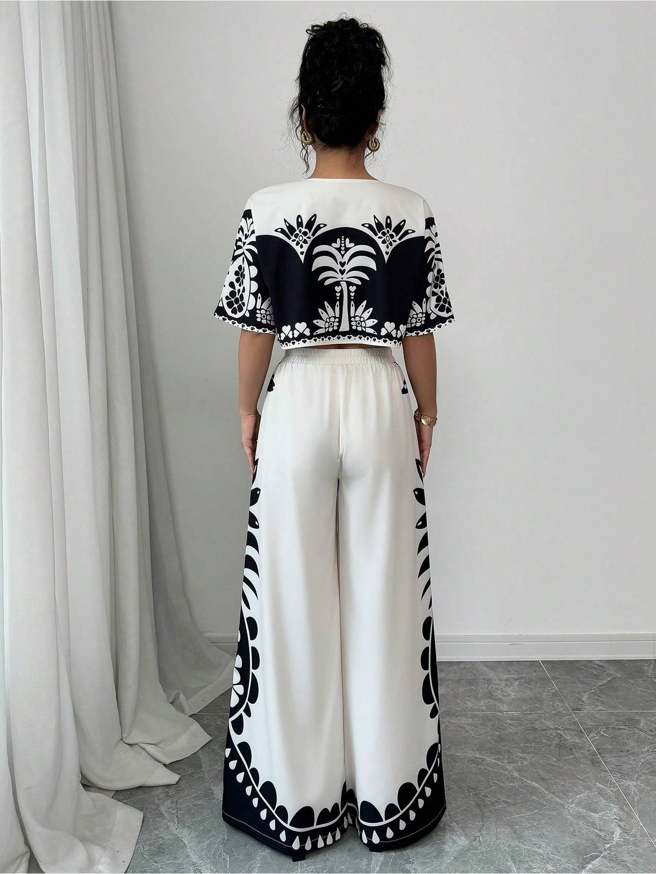 Digital Printing Positioning Floral Wide-Leg Pants Two-Piece Set