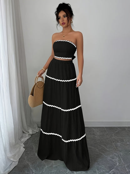 23246-0 Women'S Black and White Striped Maxi Skirt Set - Sleeveless, Tie-Back Detail, Casual Style, All-Season Wear, Casual Attire|Striped Skirt|Polyester Fabric