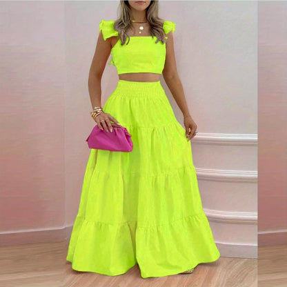 2025 Spring New European and American Commuting Mid-Waist Sexy Suspenders Large Swing Skirt Fashion Suit Women's Two-Piece Set