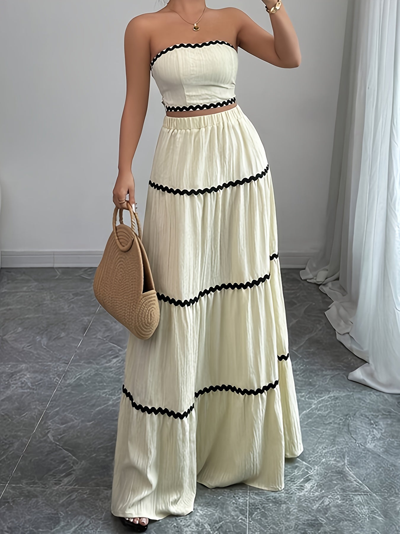 23246-0 Women'S Black and White Striped Maxi Skirt Set - Sleeveless, Tie-Back Detail, Casual Style, All-Season Wear, Casual Attire|Striped Skirt|Polyester Fabric