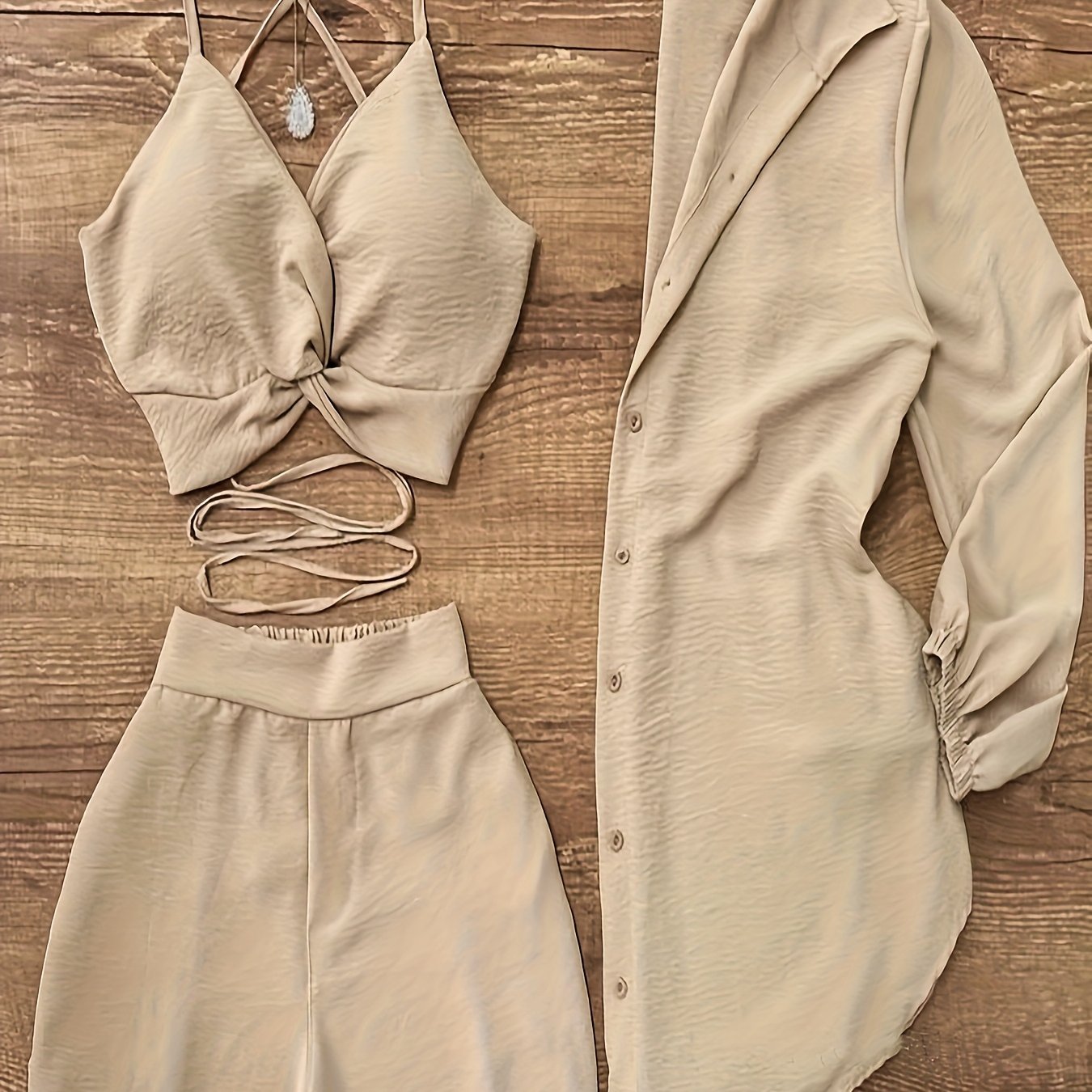The 'Khaki Style' Set Includes a Cross-Strap Tank Top, Loose Shorts, And a Long-Sleeve Shirt, Unlocking a New Trend for Vacation Leisure.