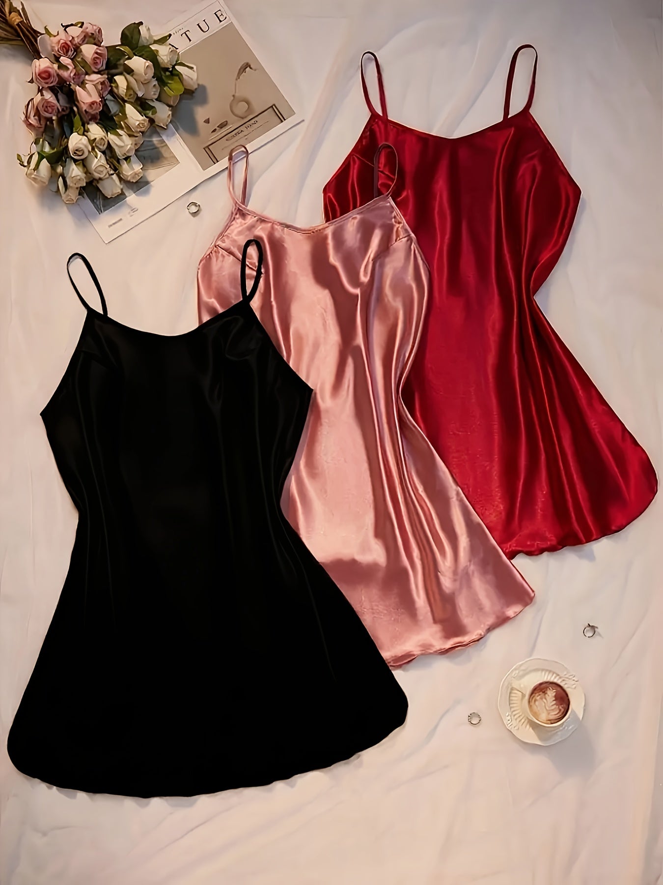 3pcs Comfortable Solid Color Satin Sleeping Skirt Non Elastic Soft Fabric Sexy V-neck Strap Skirt Home Sleeping Skirt