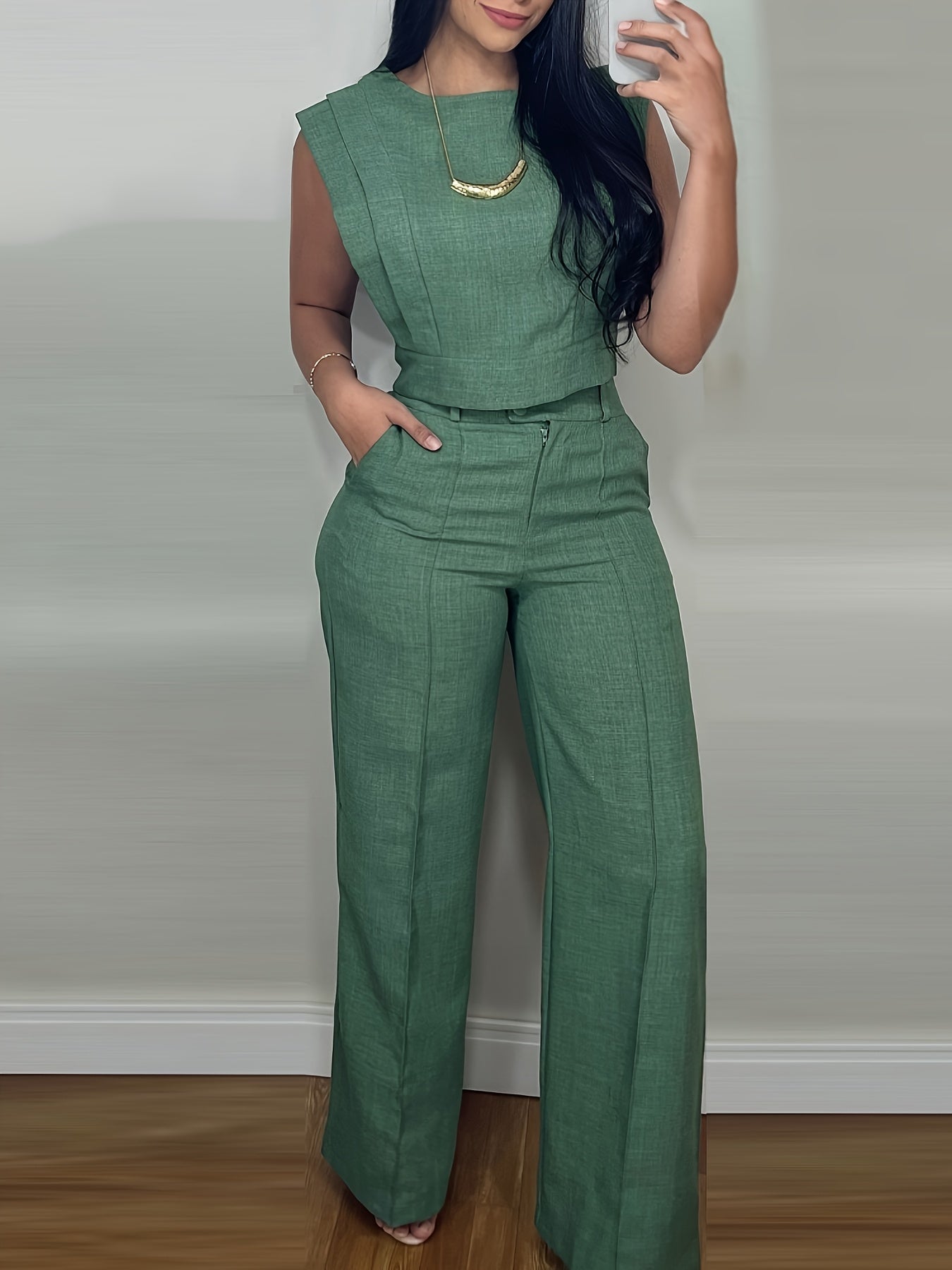 [Casual Top Set] 2pcs Crop Top And Straight Pants Set | Round Neck Cap Sleeve Casual Pocket Design