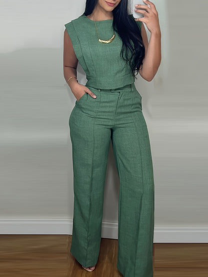 [Casual Top Set] 2pcs Crop Top And Straight Pants Set | Round Neck Cap Sleeve Casual Pocket Design