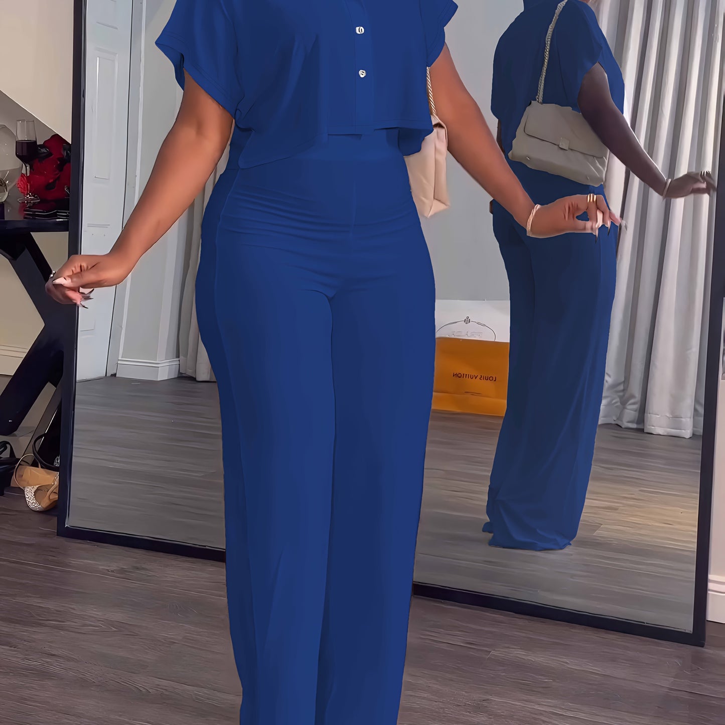 [Summer|Casual] 2pcs Women's Summer Casual | Short Sleeve Button Crop Top Wide Leg Long Pant Lounge Sets