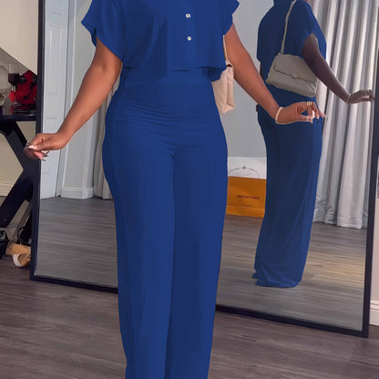 [Summer|Casual] 2pcs Women's Summer Casual | Short Sleeve Button Crop Top Wide Leg Long Pant Lounge Sets