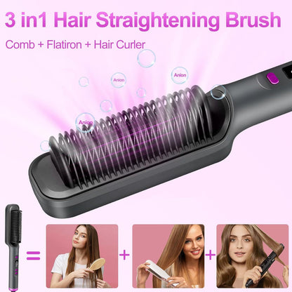 [10s Fast Hair Straightener] Fast 10s Hair Straightener Brush | LCD Display, Negative Ions, 5 Temps, Anti-Scald, Quilted Grip Design | Pink & Purple Accents, Sleek Black Finish