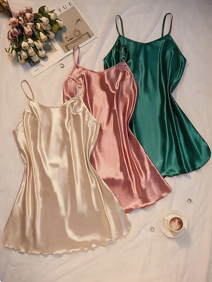 3pcs Comfortable Solid Color Satin Sleeping Skirt Non Elastic Soft Fabric Sexy V-neck Strap Skirt Home Sleeping Skirt
