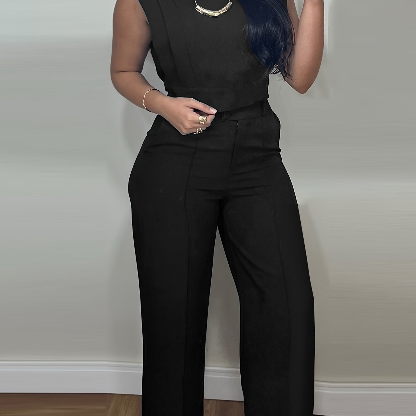 [Casual Top Set] 2pcs Crop Top And Straight Pants Set | Round Neck Cap Sleeve Casual Pocket Design