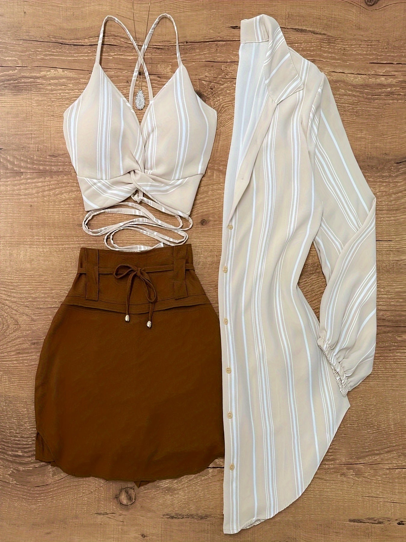 Striped Bralette + Drawstring Skirt + Striped Shirt Three-Piece Set