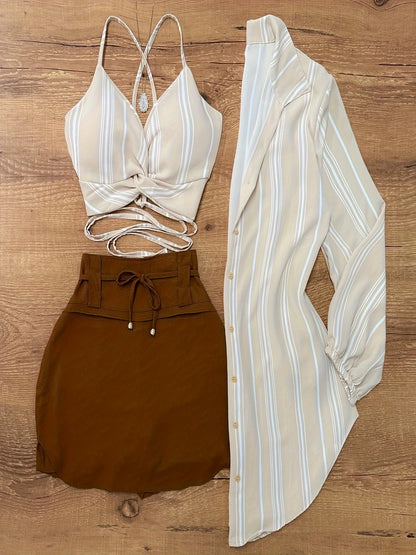 Striped Bralette + Drawstring Skirt + Striped Shirt Three-Piece Set