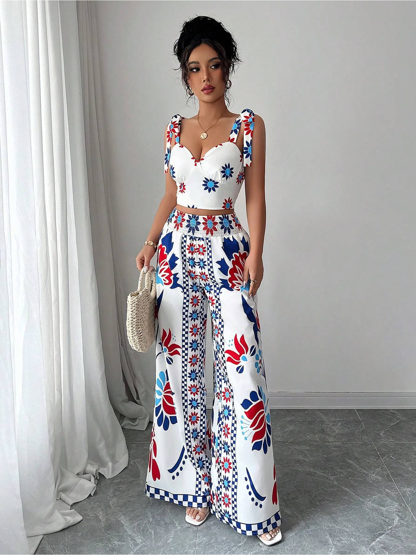 Women'S Elegant Geometric Print Wide-Leg Pantsuit - Sleeveless, Polyester, All-Season, Casual to Formal Attire, Casual Attire|Geometric Print Pantsuit|Polyester Fabric