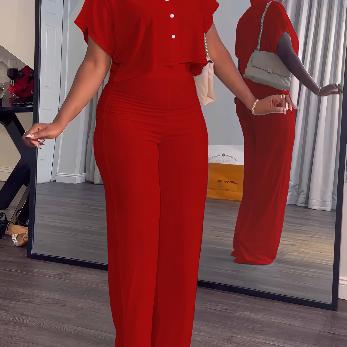 [Summer|Casual] 2pcs Women's Summer Casual | Short Sleeve Button Crop Top Wide Leg Long Pant Lounge Sets