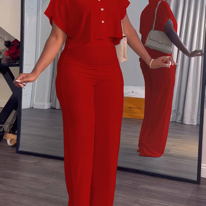 [Summer|Casual] 2pcs Women's Summer Casual | Short Sleeve Button Crop Top Wide Leg Long Pant Lounge Sets