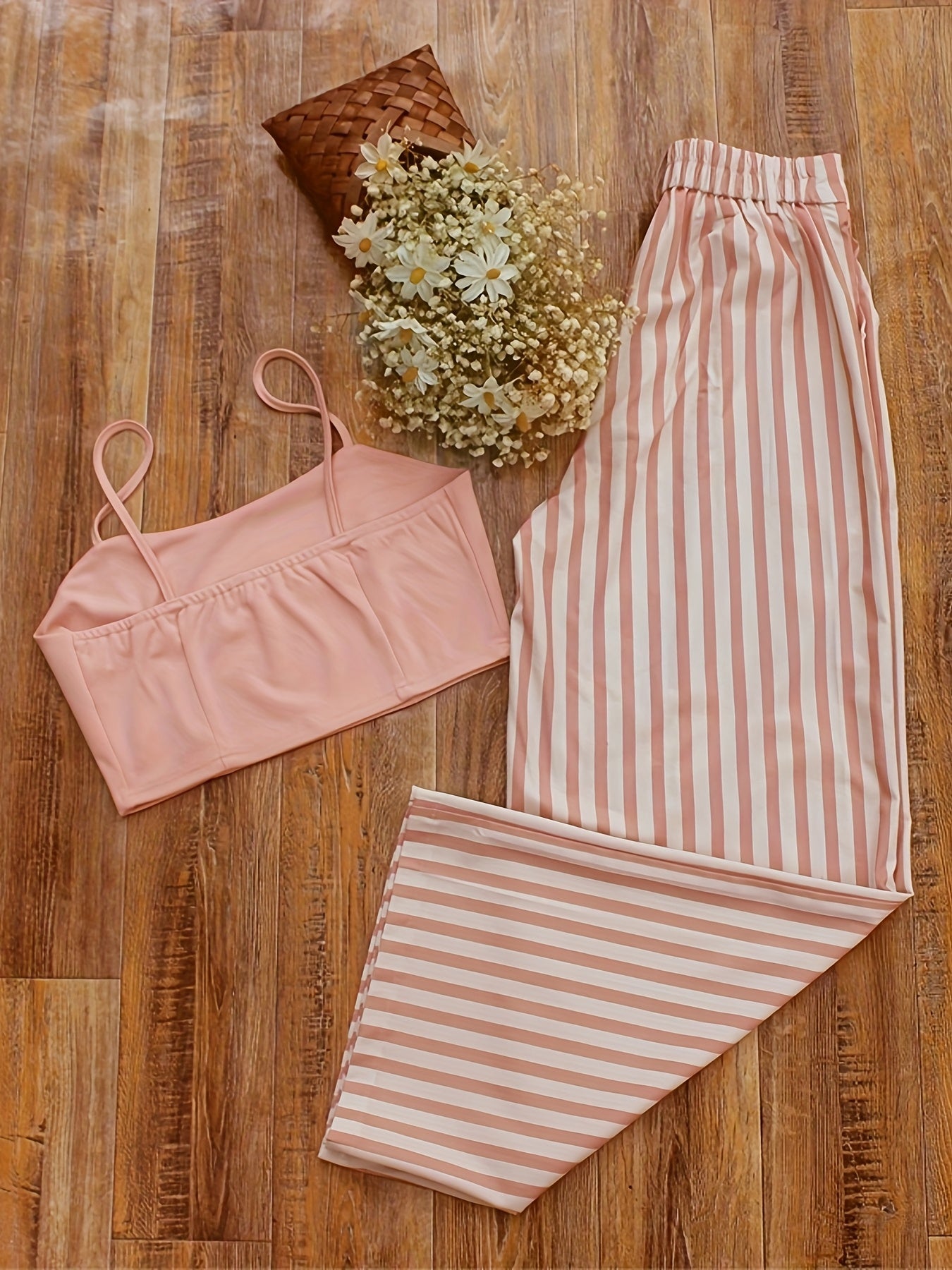 Women's Premium Pink Slimming Suspenders + Vertical Stripe Wide Leg Pants, Visual Lengthening and Slimming, Versatile and Comfortable