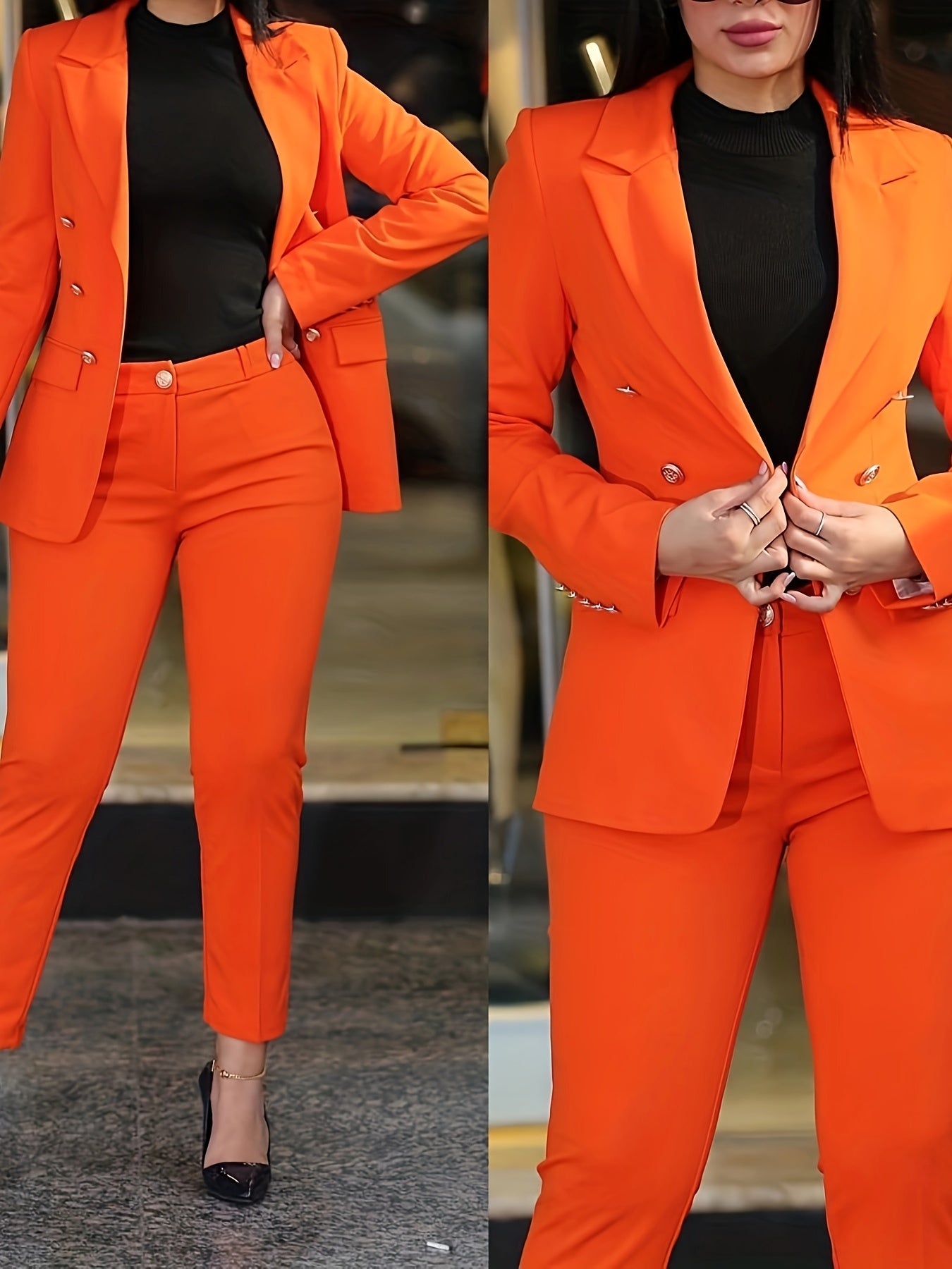 2025 New Women'S Casual Fashion Business Suit, Solid Color, V-Neck, Double-Breasted, Long Sleeve, Regular Length, with Button Details, for Adult, All-Season