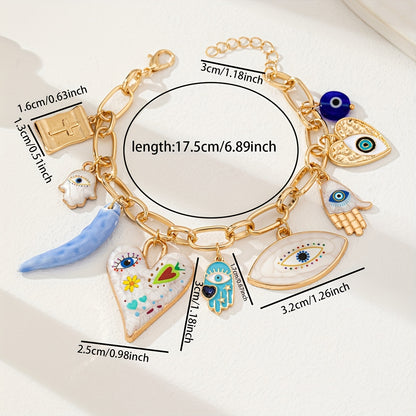 1pc Elegant Zinc Alloy Bracelet with Evil Eye, Hamasa Hand, Glass Beads & Cross Charm - Versatile Party Accessory for Women, Ideal for Music Festivals - All Seasons Wear